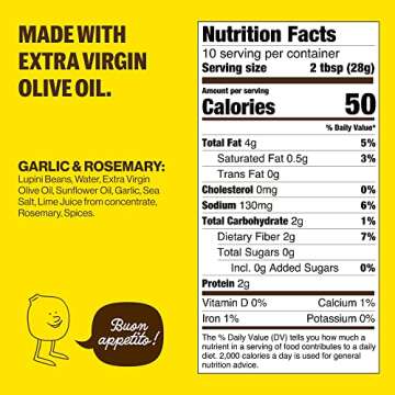 BRAMI Roman Lupini Bean Dip, Spread & Hummus | 0g Sugar, 0g Net Carbs | Keto, Vegan, Vegetarian, Mediterranean, Non-Perishable, Shelf-Stable, Low Carb, Low Calorie | 10oz (Garlic & Rosemary, 4 Count)