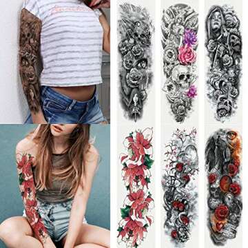 6 Sheets Full Arm Temporary Tattoo, Waterproof Extra Large Black Skull Rose Temporary Tattoos for Me...