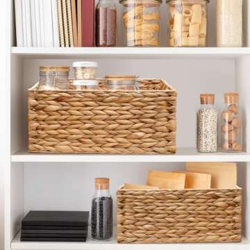 ZeeingHom 3 Pack Natural Water Hyacinth storage basket with Handle, Rectangular Wicker Basket for Organizing, Decorative Wicker Storage Basket for Living Room, 3 Mixed Sizes