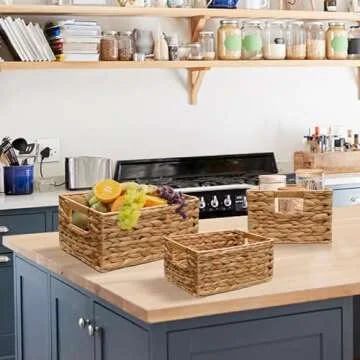 ZeeingHom 3 Pack Natural Water Hyacinth storage basket with Handle, Rectangular Wicker Basket for Organizing, Decorative Wicker Storage Basket for Living Room, 3 Mixed Sizes