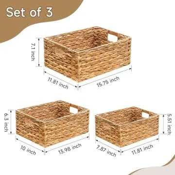 ZeeingHom 3 Pack Natural Water Hyacinth storage basket with Handle, Rectangular Wicker Basket for Organizing, Decorative Wicker Storage Basket for Living Room, 3 Mixed Sizes