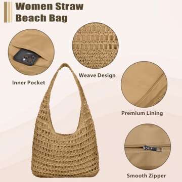 OlyPegic Straw Beach Bag for Women, Woven Straw Tote Bag Large Summer Straw Beach Bag Handmade Foldable Shoulder Handbag Beach Tote for Travel Vacation Picnic (Brown)
