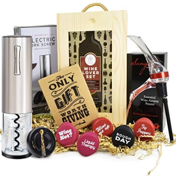 Wine Gifts Set – Wine Accessories Set w/Wooden Box- Wine Gift Set includes Rechargeable Wine Opene...