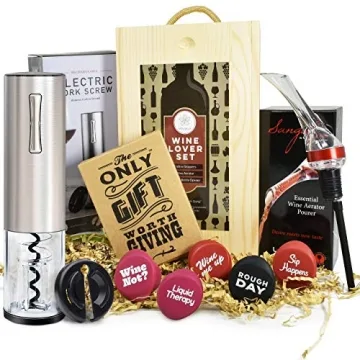 Wine Gifts Set – Wine Accessories Set w/Wooden Box- Wine Gift Set includes Rechargeable Wine Opene...