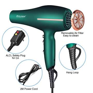 Pro Ionic Salon Hair Dryer,Xpoliman Blow Dryer,Powerful 2000 Watt with AC Motor,Quick Drying Hairdry...