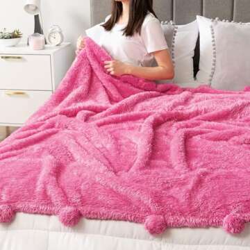 PAVILIA Pink Sherpa Throw Blanket for Couch, Warm Plush Pom Pom Blanket Throw Twin, Fuzzy Sofa Blanket Throw for Bed, Lightweight Soft Cozy Fluffy Blanket with Pom Poms, Hot Pink, 60x80