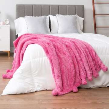 PAVILIA Pink Sherpa Throw Blanket for Couch, Warm Plush Pom Pom Blanket Throw Twin, Fuzzy Sofa Blanket Throw for Bed, Lightweight Soft Cozy Fluffy Blanket with Pom Poms, Hot Pink, 60x80