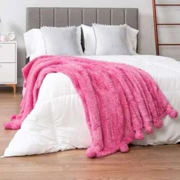 PAVILIA Pink Sherpa Throw Blanket for Couch, Warm Plush Pom Pom Blanket Throw Twin, Fuzzy Sofa Blanket Throw for Bed, Lightweight Soft Cozy Fluffy Blanket with Pom Poms, Hot Pink, 60x80