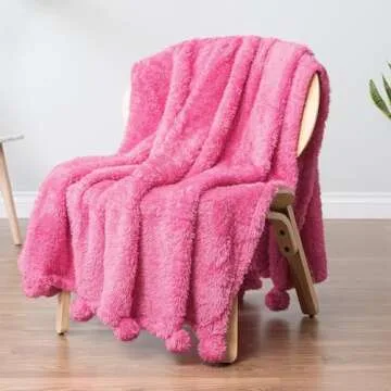 PAVILIA Pink Sherpa Throw Blanket for Couch, Warm Plush Pom Pom Blanket Throw Twin, Fuzzy Sofa Blanket Throw for Bed, Lightweight Soft Cozy Fluffy Blanket with Pom Poms, Hot Pink, 60x80