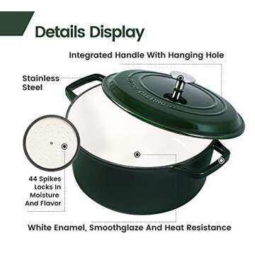 EDGING CASTING Enameled Cast Iron Dutch Oven Pot with Lid, 7.5 Quart, Round Dutch Ovens, Dual Handle, for Bread Baking, Bread Oven, Oven Safe up to 500°F, White, Green