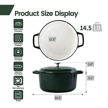 EDGING CASTING Enameled Cast Iron Dutch Oven Pot with Lid, 7.5 Quart, Round Dutch Ovens, Dual Handle, for Bread Baking, Bread Oven, Oven Safe up to 500°F, White, Green