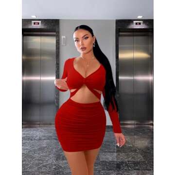 XXTAXN Women's Sexy Bodycon Deep V Neck Long Sleeve Cut Out Club Mini Dress Red