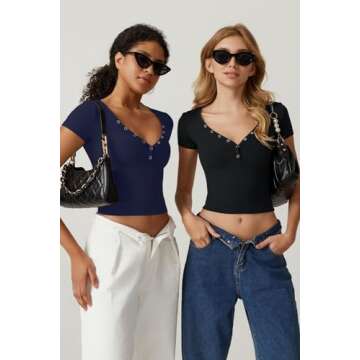 QINSEN Women's Sexy Short Sleeve Henley T Shirts Double Lined Button Up Slim Fit Crop Top Y2K Going Out Tops Black M