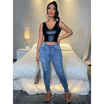 Floerns Women's PU Leather V Neck Sleeveless Solid Camisole Crop Tank Top Black XXL