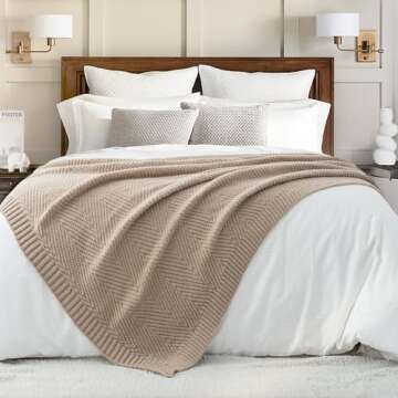 LONG CREATE Knitted Throw Blanket 50"X60", Taupe Knit Throws for Bed, Super Soft Boho Chevron Blanke...