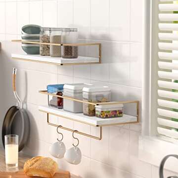 ZGO Floating Shelves White, Wall Mounted Storage Shelves with Golden Towel Rack for Bathroom, Kitche...