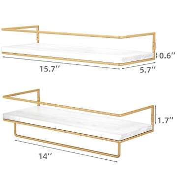 ZGO Floating Shelves White, Wall Mounted Storage Shelves with Golden Towel Rack for Bathroom, Kitchen, Bedroom, Set of 2 (White)