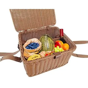 Kovot Poly-Wicker Picnic Basket | Measures 14" x 12" x 7.5" | for Picnics, Parties and BBQs | Hand Woven Polypropylene Fibers That Will Last with Leather Straps