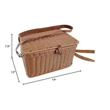 Kovot Poly-Wicker Picnic Basket | Measures 14" x 12" x 7.5" | for Picnics, Parties and BBQs | Hand Woven Polypropylene Fibers That Will Last with Leather Straps