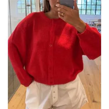Y2k Knitted Cropped Cardigan Sweaters Women Long Sleeve Button Down Open Front Casual Cardigan Knitwear Top (Red #003, L)