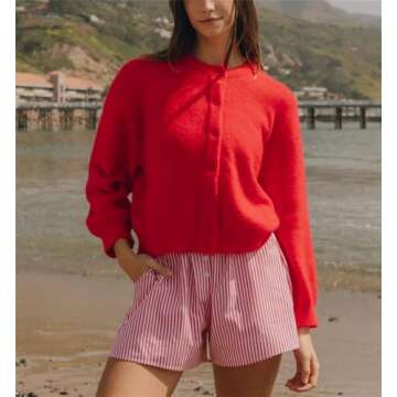 Y2k Knitted Cropped Cardigan Sweaters Women Long Sleeve Button Down Open Front Casual Cardigan Knitwear Top (Red #003, L)