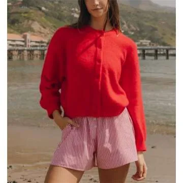Y2k Knitted Cropped Cardigan Sweaters Women Long Sleeve Button Down Open Front Casual Cardigan Knitwear Top (Red #003, L)