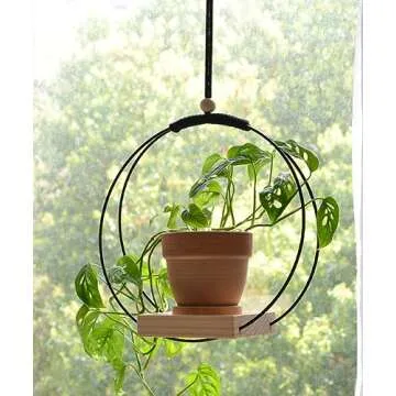 Dravmola Plant Hanger with Wood Base - Boho Macrame Hanging Plant Holder for Indoor Plants Hanging Planter for Wall /Window/Room Decor Black (Pot & Plant Not Included)