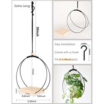 Dravmola Plant Hanger with Wood Base - Boho Macrame Hanging Plant Holder for Indoor Plants Hanging Planter for Wall /Window/Room Decor Black (Pot & Plant Not Included)