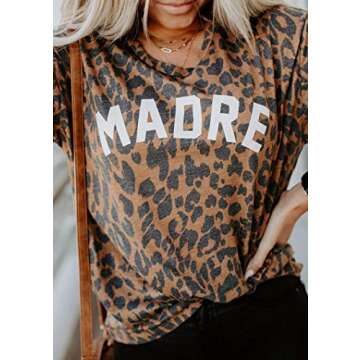 Womens Madre Leopard Print T-Shirts Short Sleeve Mama Shirts Cheetah Mom Graphic Tees Tops L Madre