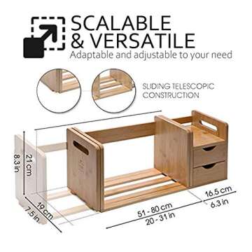 IDK Luxury Wooden Bamboo Desk Organizer with Two Drawers Three Expandable Book& File Shelves - Great for Home tabletop, Office Bookshelf, Accessories& Counter tables