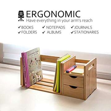 IDK Luxury Wooden Bamboo Desk Organizer with Two Drawers Three Expandable Book& File Shelves - Great for Home tabletop, Office Bookshelf, Accessories& Counter tables
