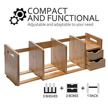 IDK Luxury Wooden Bamboo Desk Organizer with Two Drawers Three Expandable Book& File Shelves - Great for Home tabletop, Office Bookshelf, Accessories& Counter tables