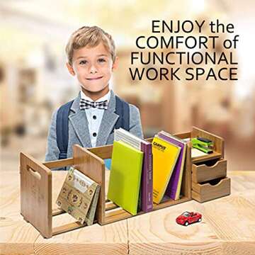 IDK Luxury Wooden Bamboo Desk Organizer with Two Drawers Three Expandable Book& File Shelves - Great for Home tabletop, Office Bookshelf, Accessories& Counter tables