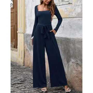LOOKBOHO Women's Dressy Jumpsuits Casual Square Neck Wide Leg Long Pants Rompers with Pockets One Piece Outfits Navy S