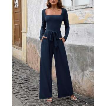 LOOKBOHO Women's Dressy Jumpsuits Casual Square Neck Wide Leg Long Pants Rompers with Pockets One Piece Outfits Navy S
