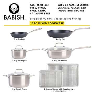 Babish 12-Piece Mixed Material (Stainless Steel, Carbon Steel, & Aluminum) Professional Grade Cookwa...