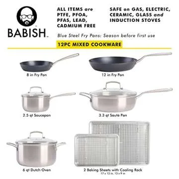 Babish 12-Piece Mixed Material (Stainless Steel, Carbon Steel, & Aluminum) Professional Grade Cookwa...