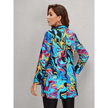 WDIRARA Women's Graphic Print Blazer Button Open Front Long Sleeve Jacket Multicolored M
