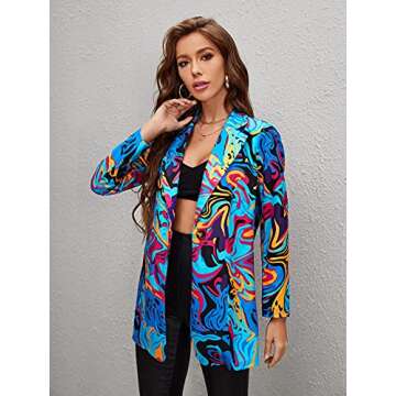 WDIRARA Women's Graphic Print Blazer Button Open Front Long Sleeve Jacket Multicolored M