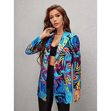WDIRARA Women's Graphic Print Blazer Button Open Front Long Sleeve Jacket Multicolored M