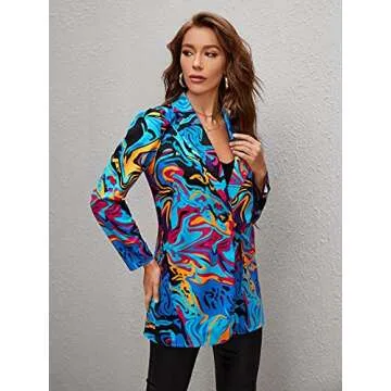 WDIRARA Women's Graphic Print Blazer Button Open Front Long Sleeve Jacket Multicolored M