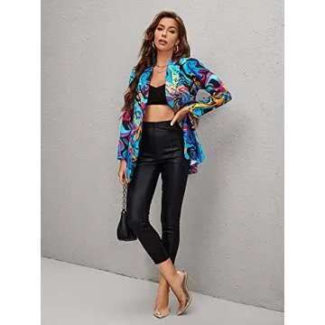 WDIRARA Women's Graphic Print Blazer Button Open Front Long Sleeve Jacket Multicolored M