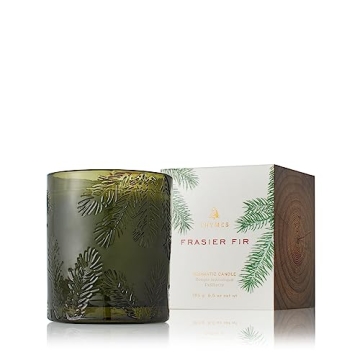 Thymes Frasier Fir Candle - Molded Green Glass Jar with Pine Needle Design - Winter Candle Gifts for...