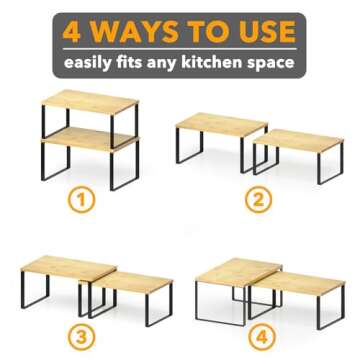 SpaceAid Cabinet Shelf Organizers 2 Pack, Kitchen Counter Rack Shelves Riser, Stackable Expandable Spice Rack, Pantry Cupboard Storage Organization (Black and Natural, Short)