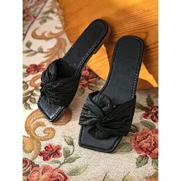 OYOANGLE Women's Metallic Twist Front Open Toe Flat Sandals Fashion Slide Sandals Black 8