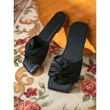 OYOANGLE Women's Metallic Twist Front Open Toe Flat Sandals Fashion Slide Sandals Black 8
