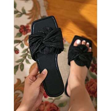 OYOANGLE Women's Metallic Twist Front Open Toe Flat Sandals Fashion Slide Sandals Black 8