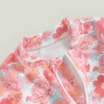 Hnyenmcko Infant Toddler Baby Girl One-Piece Swimsuit Floral/Flamingo Print Zipper Long Sleeve Ruffled Swimwear Bathing Suit (Pink Flower, 9-12 Months)