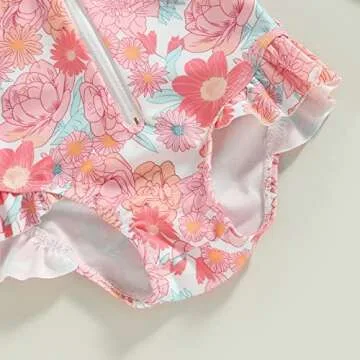Hnyenmcko Infant Toddler Baby Girl One-Piece Swimsuit Floral/Flamingo Print Zipper Long Sleeve Ruffled Swimwear Bathing Suit (Pink Flower, 9-12 Months)