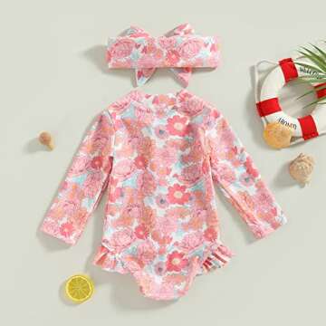 Hnyenmcko Infant Toddler Baby Girl One-Piece Swimsuit Floral/Flamingo Print Zipper Long Sleeve Ruffled Swimwear Bathing Suit (Pink Flower, 9-12 Months)